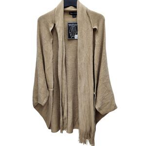 Charlotte Daniel Womens Ruana Wrap Sweater Cardigan Attached Scarf Tan Sand New